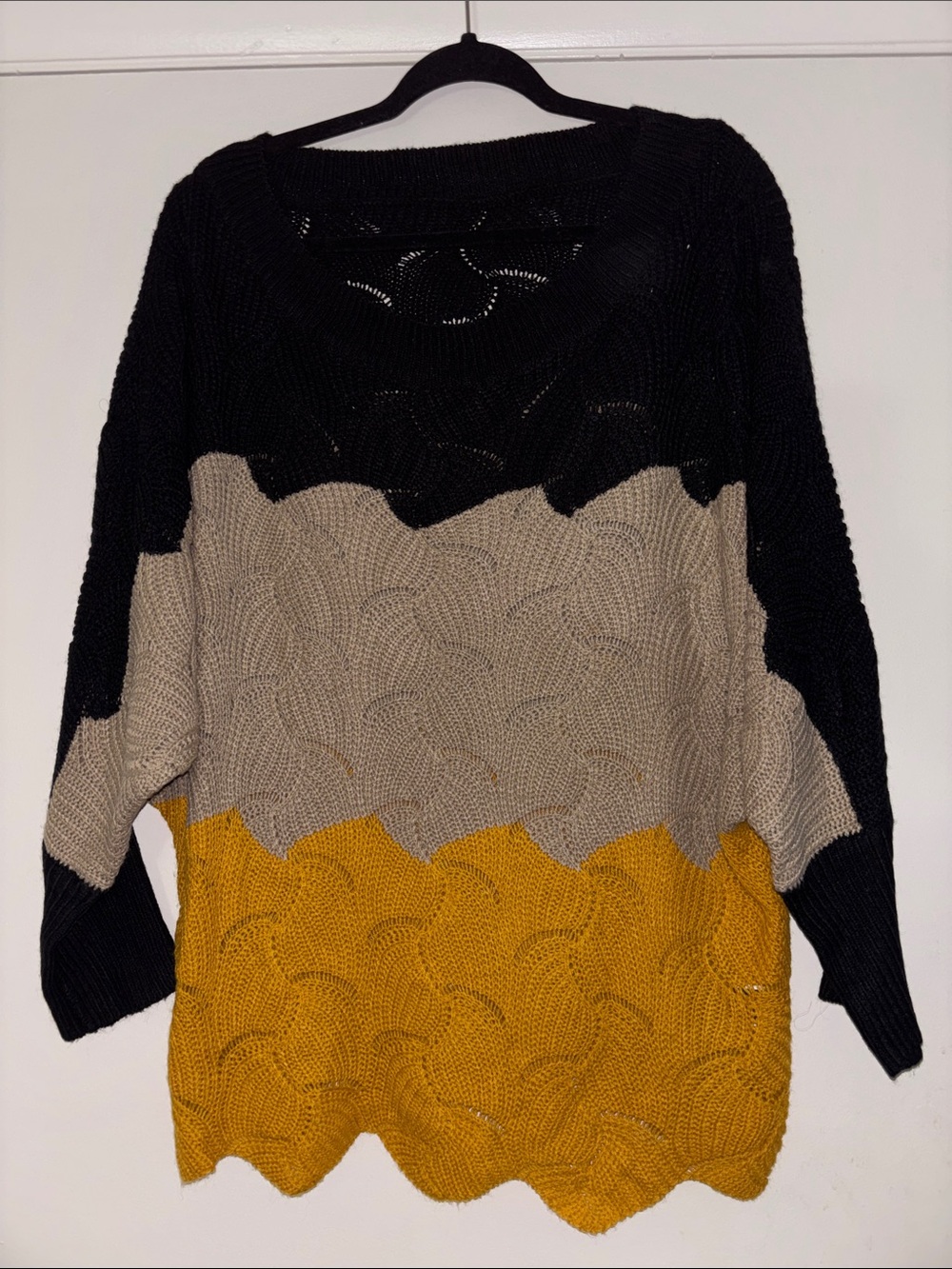 Colorblock Knit Sweater in Black, Beige & Mustard